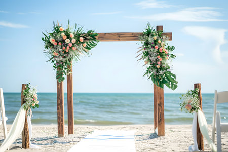 The wooden wedding arch decorated with flowers is arranged on the sandy beach with walkway to the beach for wedding ceremonyの素材