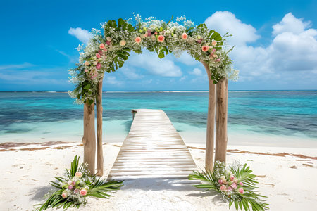 The wooden wedding arch decorated with flowers is arranged on the sandy beach with walkway to the beach for wedding ceremonyの素材