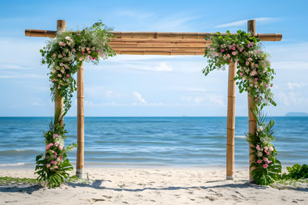 The wooden wedding arch decorated with flowers is arranged on the sandy beach with walkway to the beach for wedding ceremonyの素材