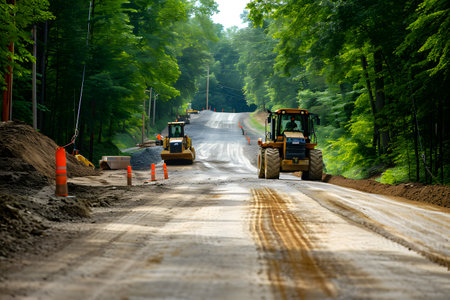 A new road is under construction with several pieces of heavy construction equipmentの素材