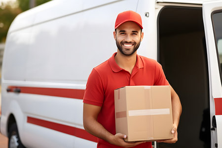 Portrait of smiling delivery man in red holding box package in front of his truckの素材