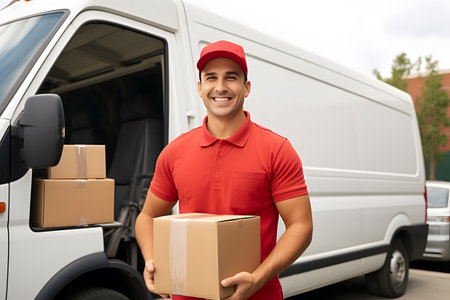 Portrait of smiling delivery man in red holding box package in front of his truckの素材