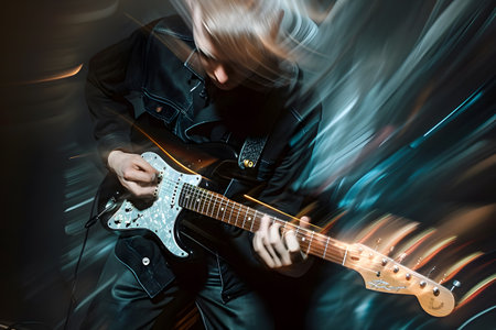 Man playing hard rock and metal music on his electric guitar against abstract backgroundの素材