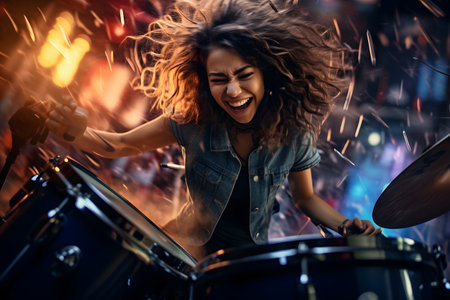Woman playing hard rock and metal music on drum set against abstract backgroundの素材