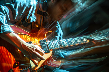 Man playing hard rock and metal music on his electric guitar against abstract backgroundの素材