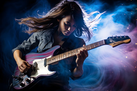 Woman playing hard rock and metal music on her electric guitar against abstract backgroundの素材