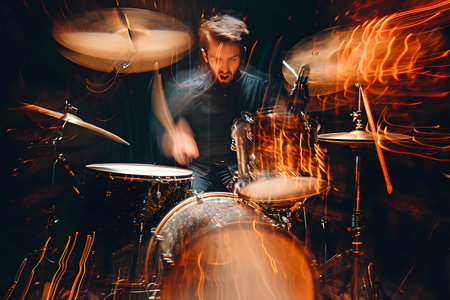 Man playing hard rock and metal music on drum set against abstract backgroundの素材
