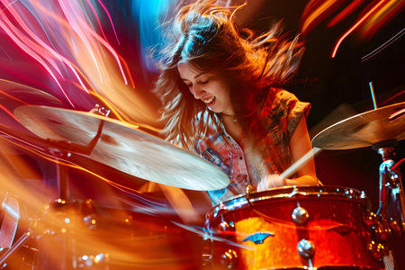 Woman playing hard rock and metal music on drum set against abstract backgroundの素材