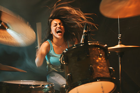 Woman playing hard rock and metal music on drum set against abstract backgroundの素材