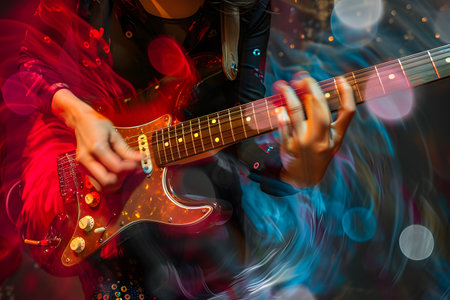 Woman playing hard rock and metal music on her electric guitar against abstract backgroundの素材