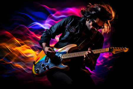 Man playing hard rock and metal music on his electric guitar against abstract backgroundの素材