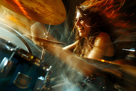 Woman playing hard rock and metal music on drum set against abstract backgroundの素材