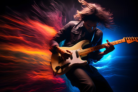 Man playing hard rock and metal music on his electric guitar against abstract backgroundの素材