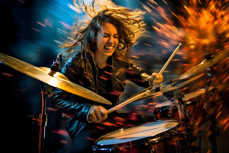 Woman playing hard rock and metal music on drum set against abstract backgroundの素材