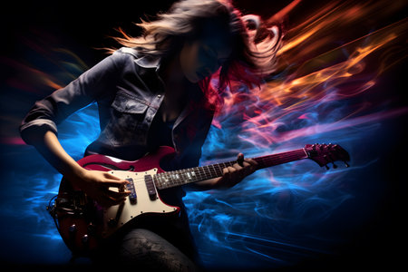 Woman playing hard rock and metal music on her electric guitar against abstract backgroundの素材