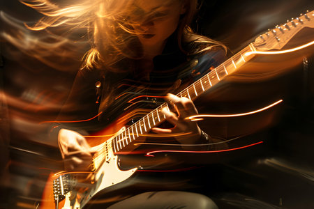 Woman playing hard rock and metal music on her electric guitar against abstract backgroundの素材