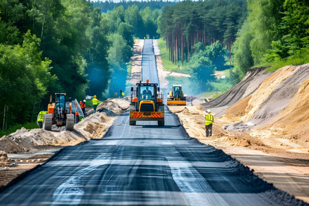 A new road is under construction with several pieces of heavy construction equipmentの素材