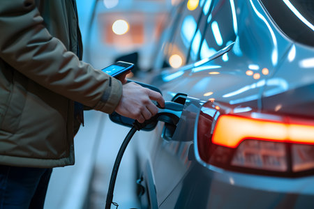 Man holding smartphone while charging car at electric vehicle charging station, closeup. EV charging station for electric car with mobile app.の素材