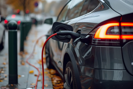 EV charging station for electric car in concept of green energy and eco power produced from sustainable sourceの素材