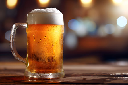 Single cold beer glass on wooden pub tableの素材
