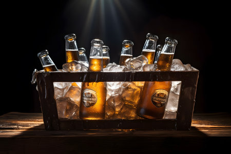 Cold bottles of beer in crate filled with ice cubesの素材