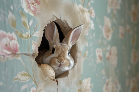 Cute Easter bunny peeking out of hole in the wallの素材