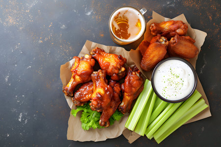 Delicious homemade spicy buffalo wings with bbq sauce, ranch, and side of fresh celeryの素材