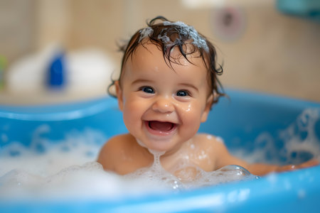 Happy and cute little baby taking a bath during bathtimeの素材