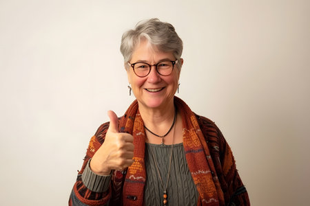 Happy elderly woman giving thumbs up sign on gray backgroundの素材