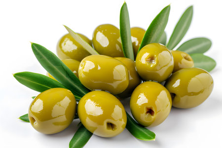 Delicious and healthy green olives with leaves isolated on white backgroundの素材