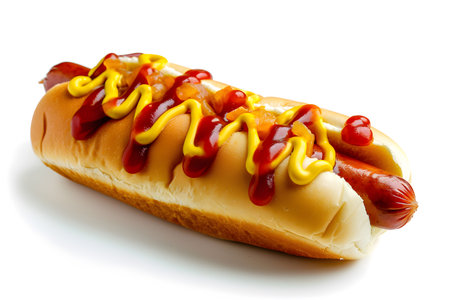 Classic American hot dog with mustard, ketchup, and relish isolated on white backgroundの素材