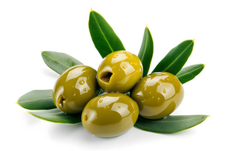 Delicious and healthy green olives with leaves isolated on white backgroundの素材