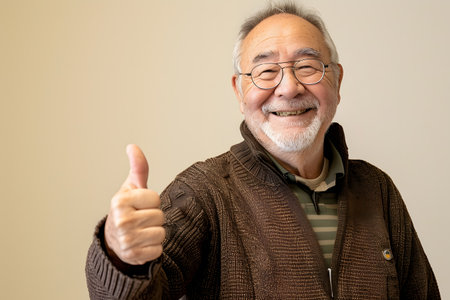 Happy elderly man giving thumbs up sign on yellow backgroundの素材