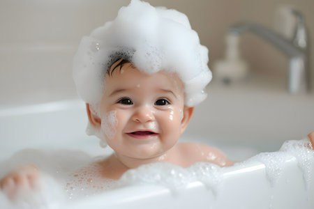Happy and cute little baby taking a bath during bathtimeの素材