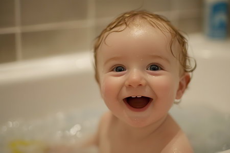 Happy and cute little baby taking a bath during bathtimeの素材