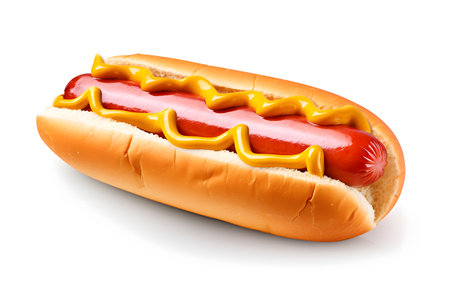 Classic American hot dog with mustard, ketchup, and relish isolated on white backgroundの素材