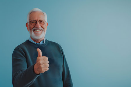 Happy elderly man giving thumbs up sign on blue backgroundの素材