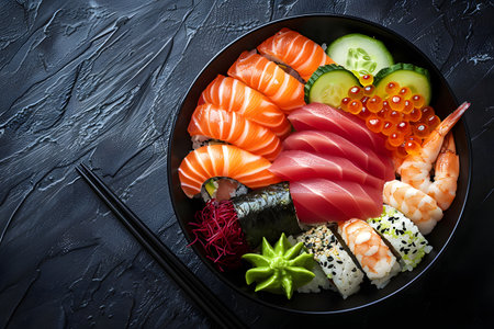 Top view of delicious sashimi poke bowl with fish, fish eggs, shrimp, scallions, sesame, and soy sauce on the side. Japanese cuisine.の素材