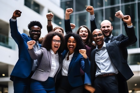 Happy group of business workers jumping and cheering to celebrate company successの素材