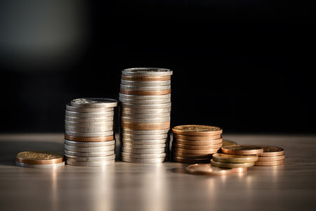Finance and economics concept, multiple stacks of gold coins on black backgroundの素材