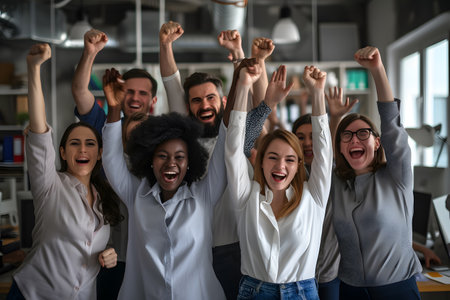 Happy group of business workers jumping and cheering to celebrate company successの素材