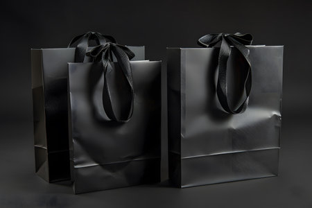 Multiple black shopping and gift bags tied with ribbons isolated on dark backgroundの素材