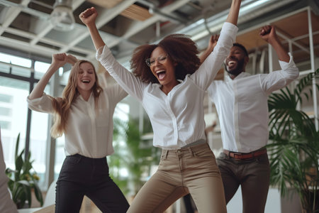 Happy group of business workers jumping and cheering to celebrate company successの素材