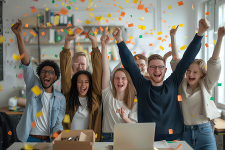 Happy group of business workers jumping and cheering to celebrate company successの素材