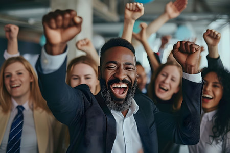 Happy group of business workers jumping and cheering to celebrate company successの素材