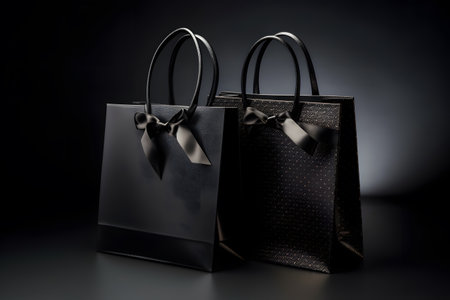 Multiple black shopping and gift bags tied with ribbons isolated on dark backgroundの素材