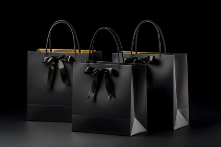 Multiple black shopping and gift bags tied with ribbons isolated on dark backgroundの素材