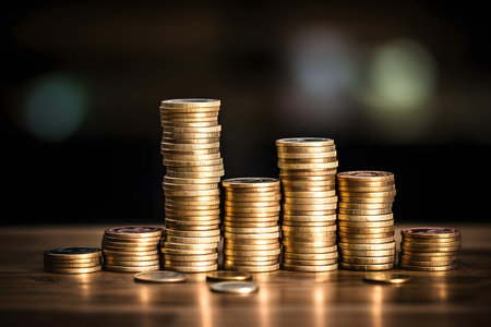 Finance and economics concept, multiple stacks of gold coins on black backgroundの素材