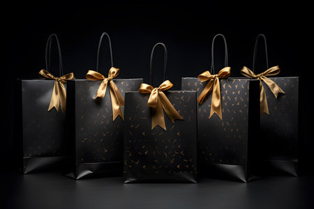 Multiple black shopping and gift bags tied with gold ribbons isolated on dark backgroundの素材