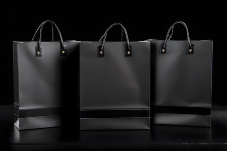 Multiple black shopping and gift bags isolated on dark backgroundの素材